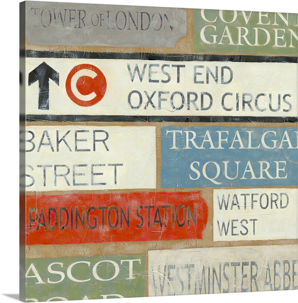 Artwork of street signs arranged in a collage type pattern.  Some of signs are for Watford West, Westminster Abbey, Paddin...