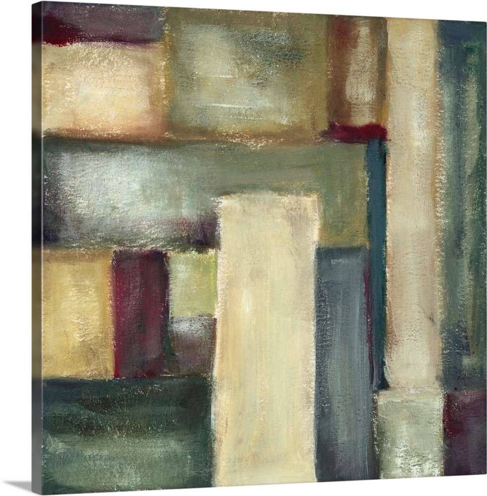 Contemporary abstract painting of geometric shapes in muted tones.