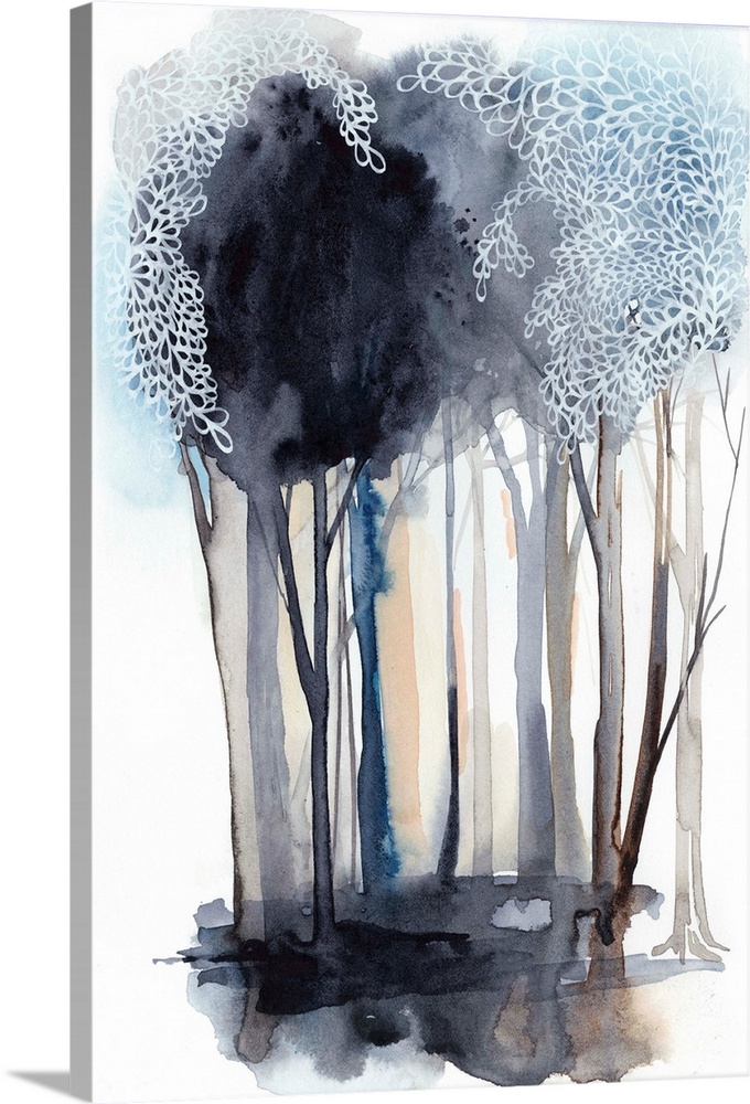 Watercolor painting of a forest in shades of grey and blue.