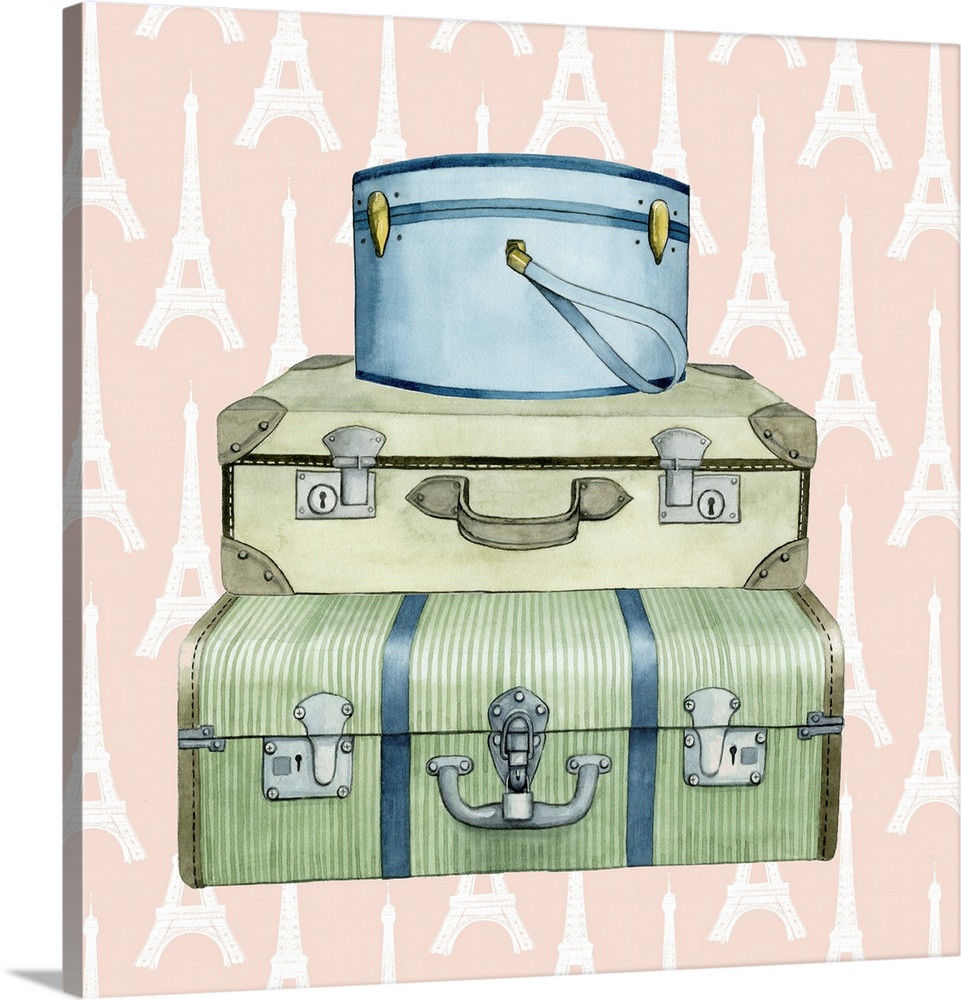 Art print of three vintage suitcases on a pastel pink background with an Eiffel Tower pattern.