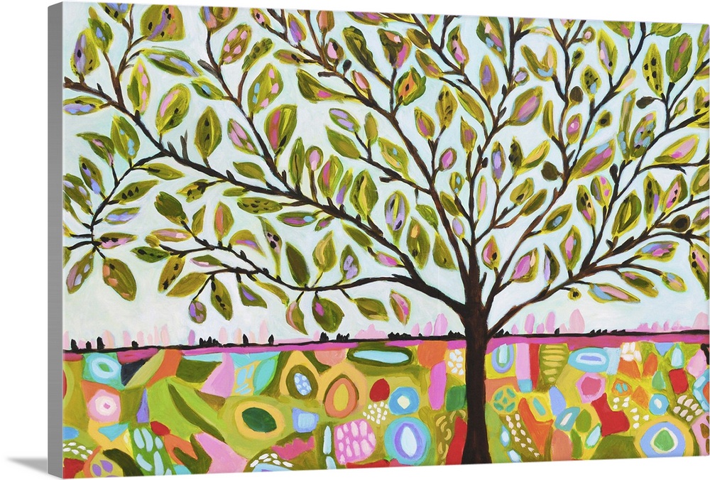 Brightly colored Boho style illustration of a tree filled with leaves.