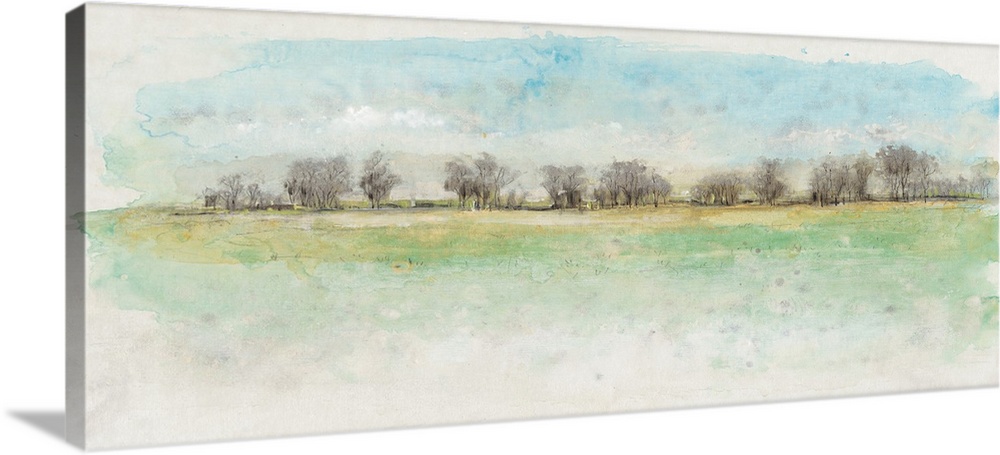 Watercolor painting of a row of trees at the edge of a meadow.