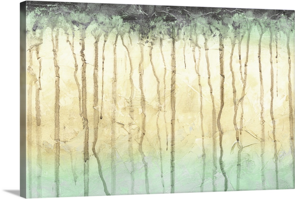 This contemporary artwork features paint drips over a textured gradated background that signifies a tree line.