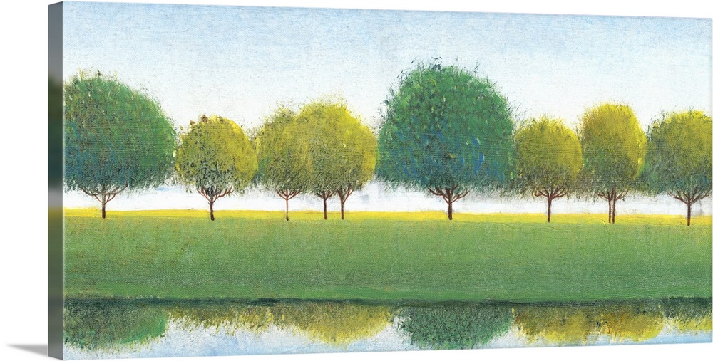 Painting of a row of trees reflected in the river below.