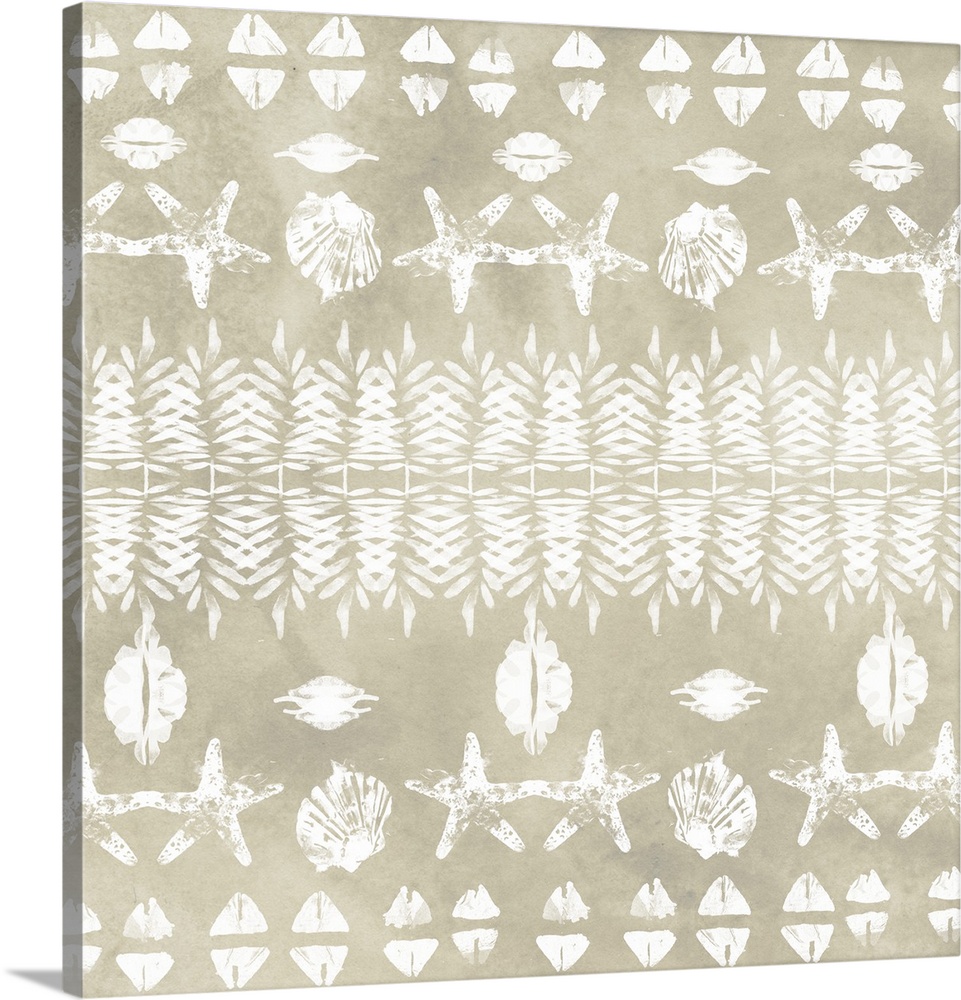 White coastal illustrations resembling tribal patterns on a taupe background.