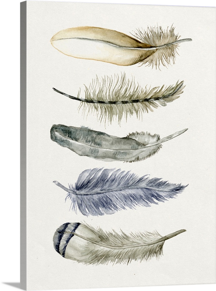 Watercolor art print of five patterned feathers on beige.
