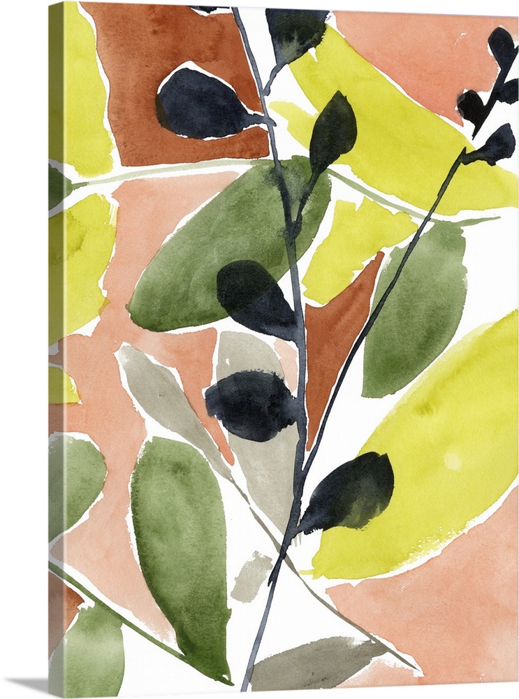 Subdued tropical colors dance across this vertical contemporary artwork with a branch of black leaves in the center.