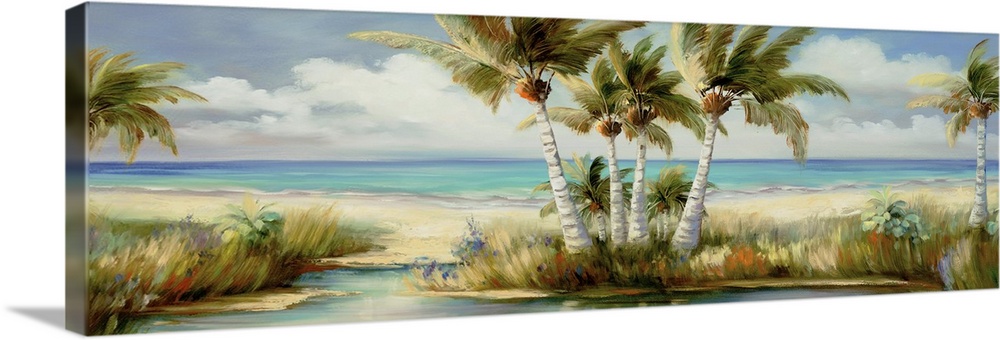 Horizontal painting of coconut palm trees along the edge of the ocean.