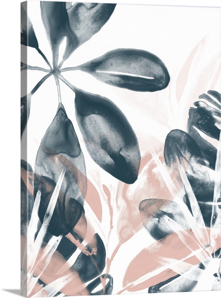 A decorative watercolor design of overlapping tropical leaves in gray, pink and white.