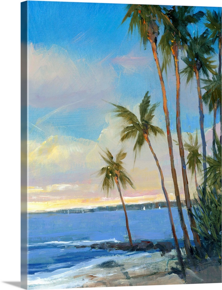This is a vertical painting of slender palm trees going on the edge of the shore of a sandy beach.