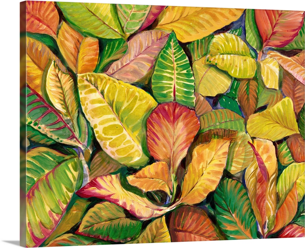 Contemporary painting of a pile of colorful leaves, in green and pale red.