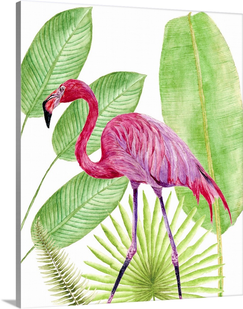 Artwork of a brightly colored flamingo against tropical green leaves.