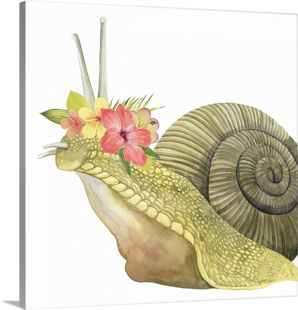 This decorative artwork features an adorable snail over a white background with a tropical flower crown on its head.