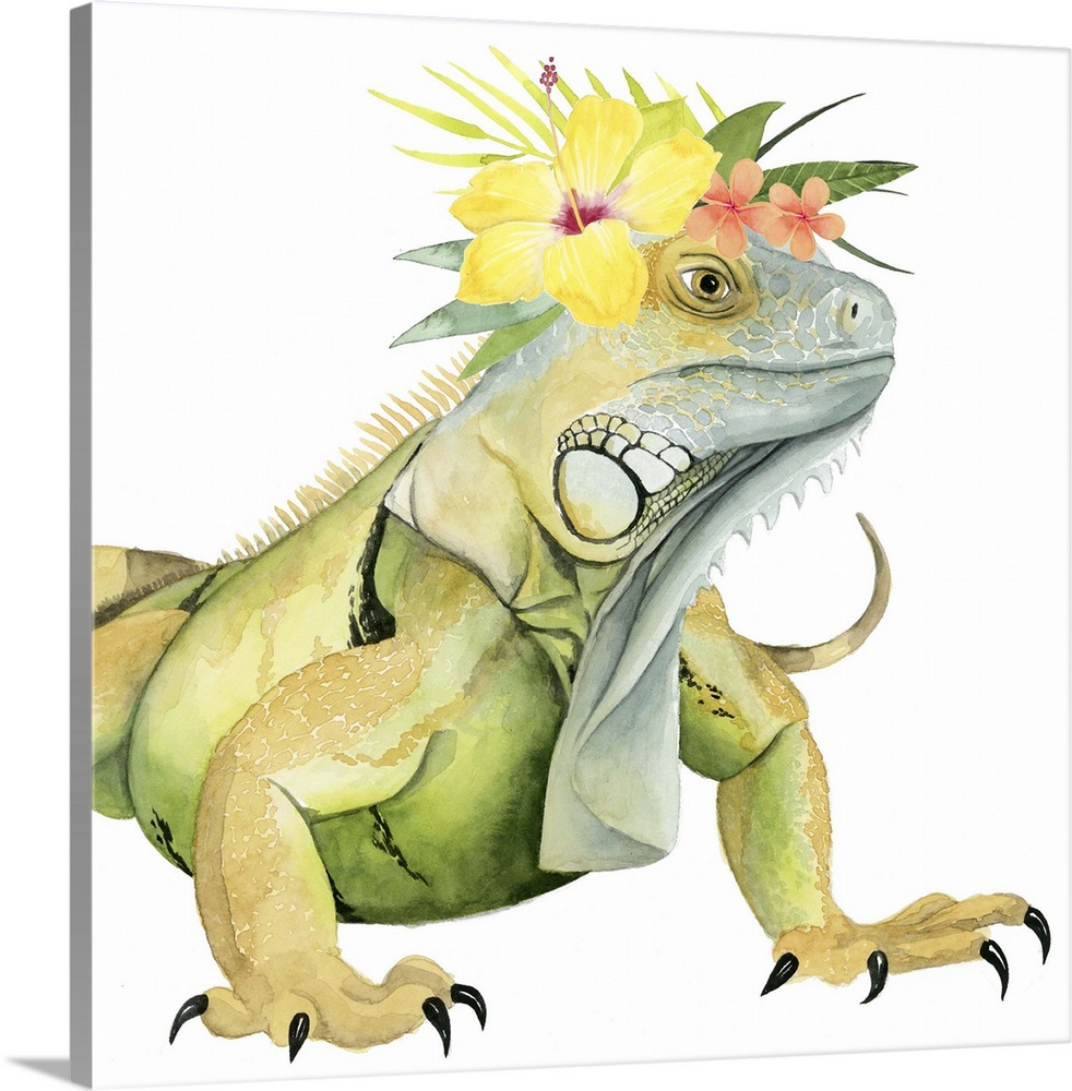 This decorative artwork features an adorable iguana over a white background with a tropical flower crown on its head.