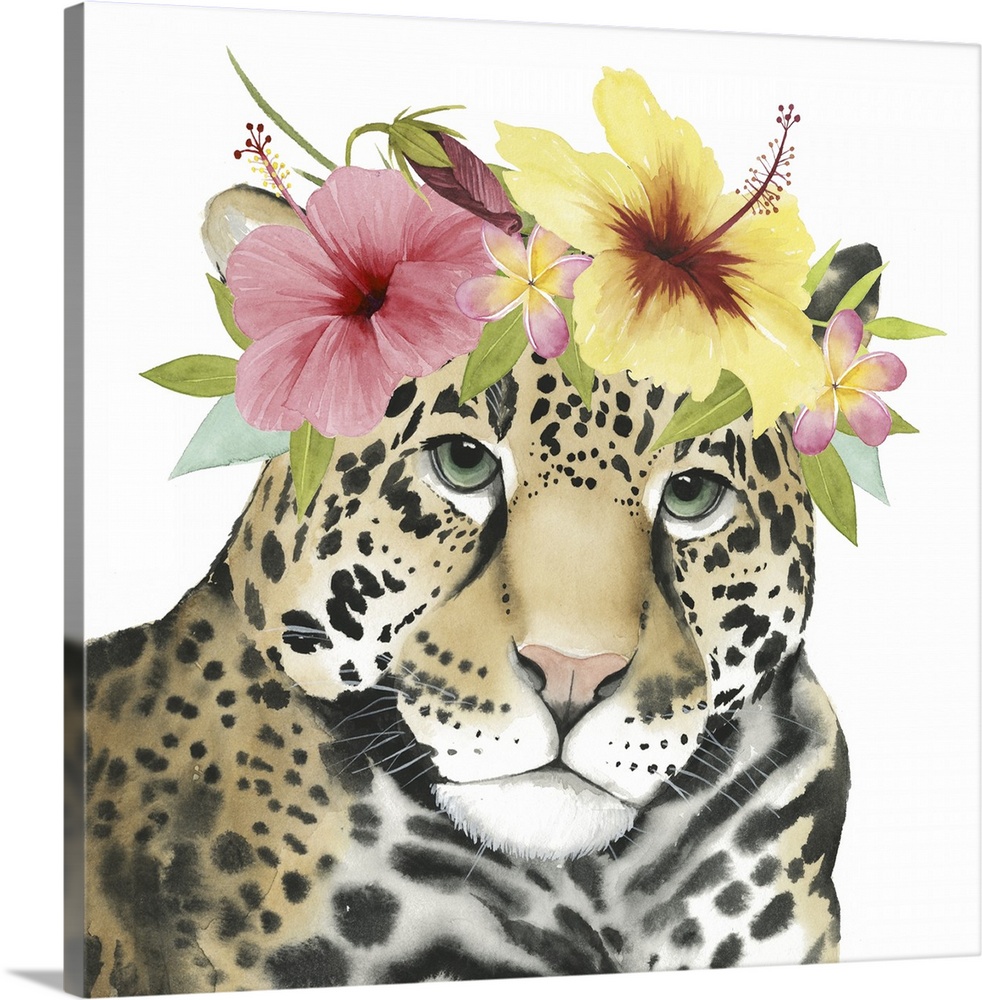 This decorative artwork features an adorable leopard over a white background with a tropical flower crown on its head.