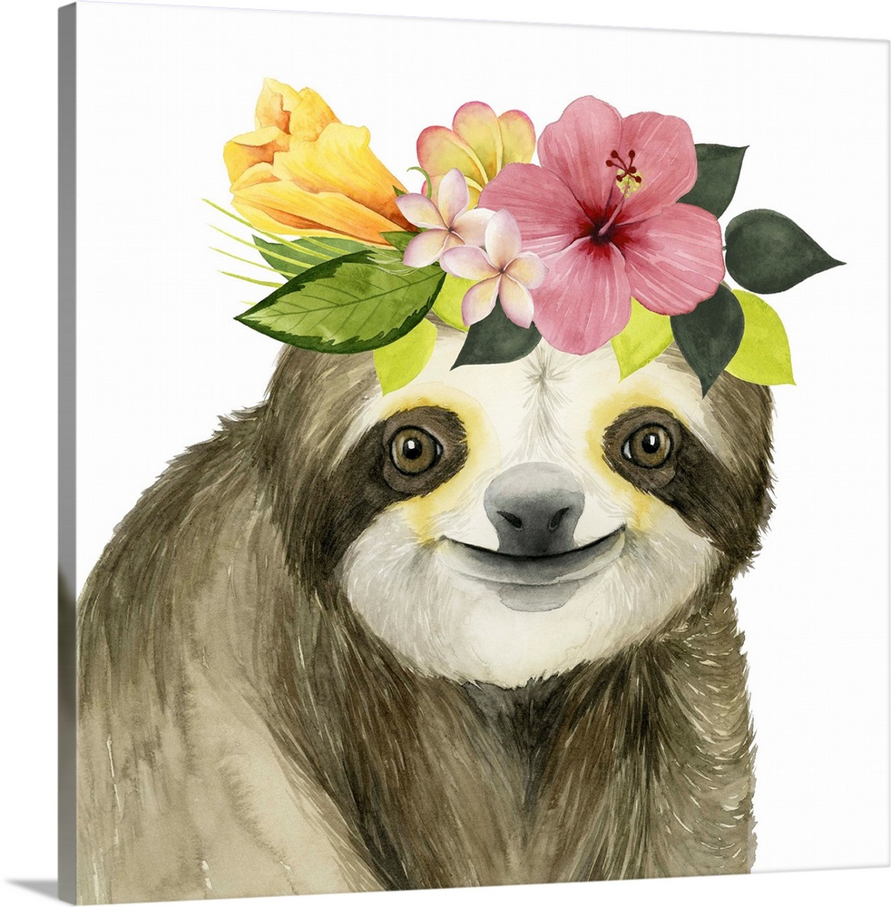 This decorative artwork features an adorable sloth over a white background with a tropical flower crown on its head.