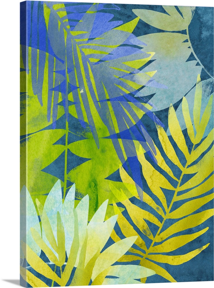 Tropical palm leaf motif in blue, green, and yellow.