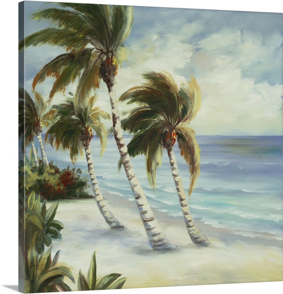 Contemporary artwork of leafy palm trees bending over the ocean on the beach.