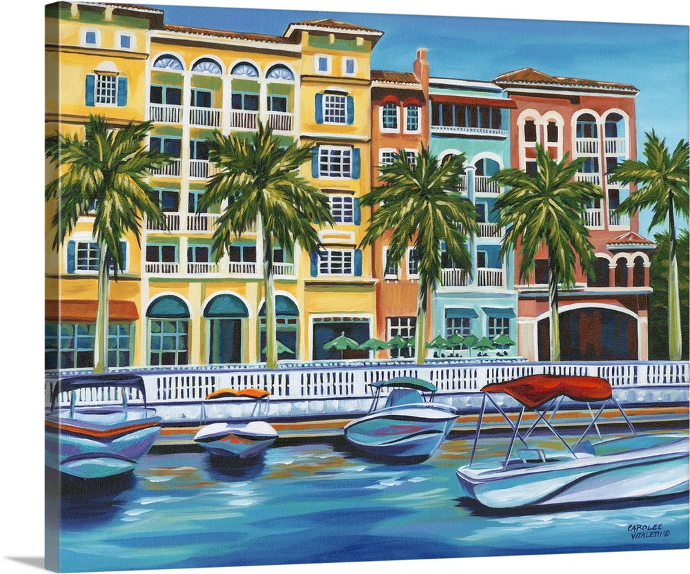 Contemporary artwork of a riverside resort with several boats at the dock.