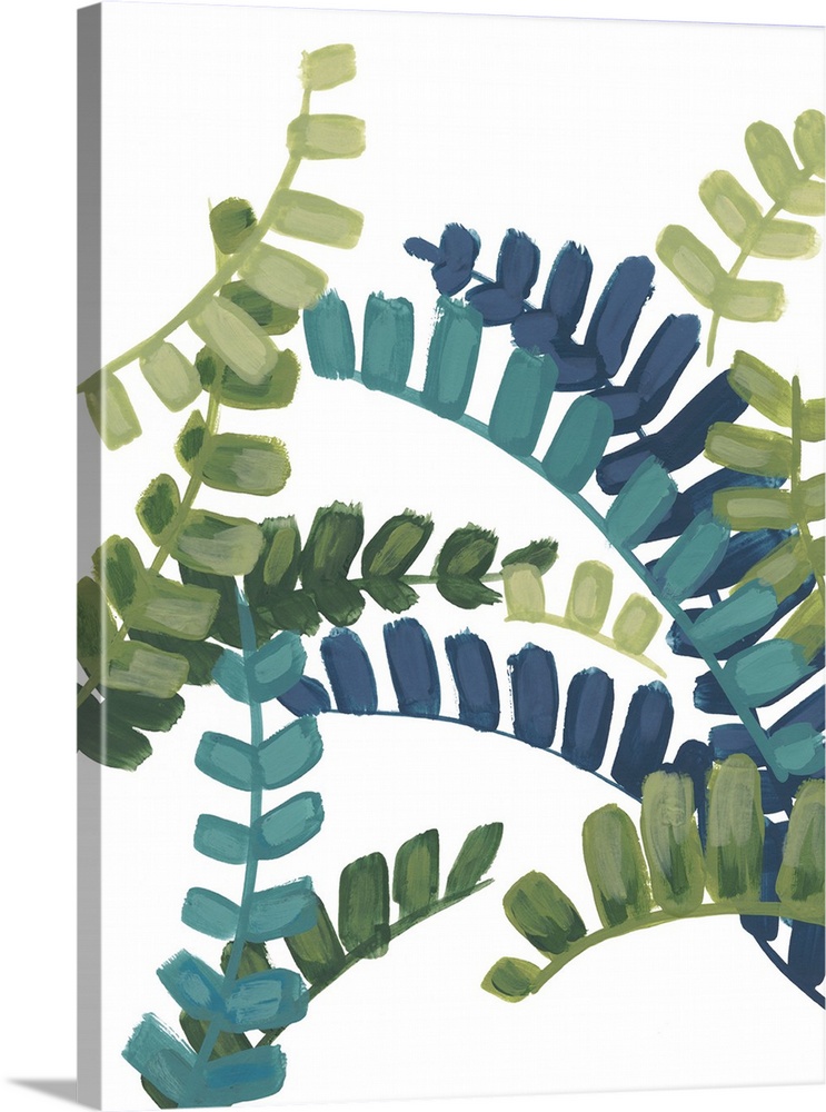 Artwork of green and blue fern fronds on white.