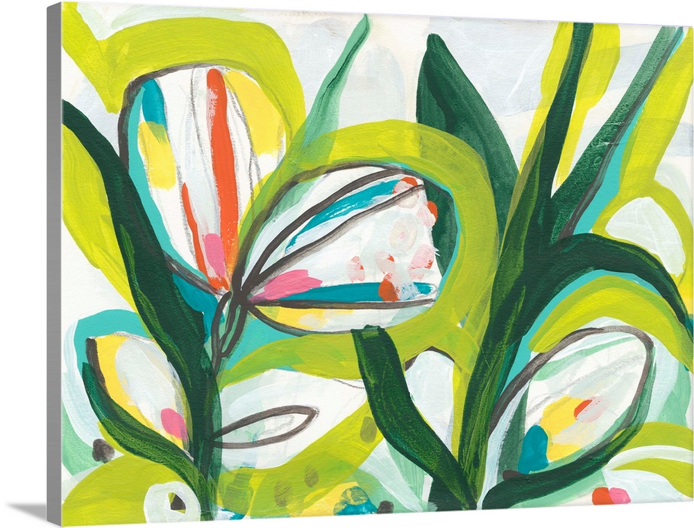 Contemporary abstract painting with tropical floral shapes in vibrant green hues.