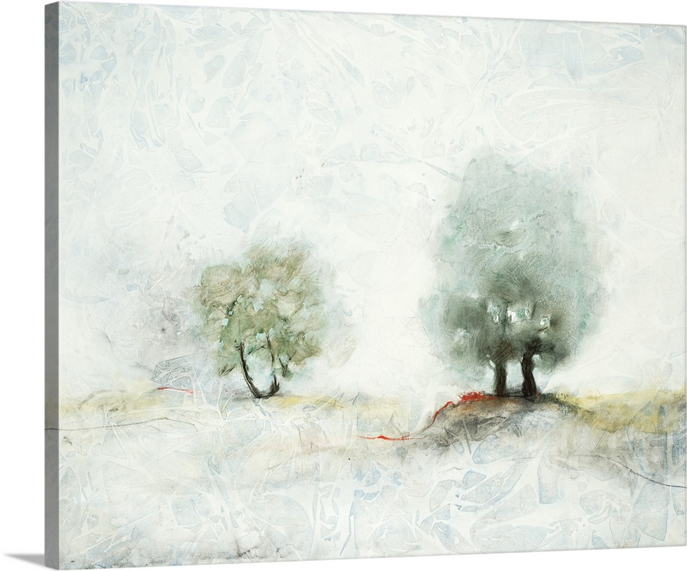 Pastel landscape painting of two trees in the misty countryside.