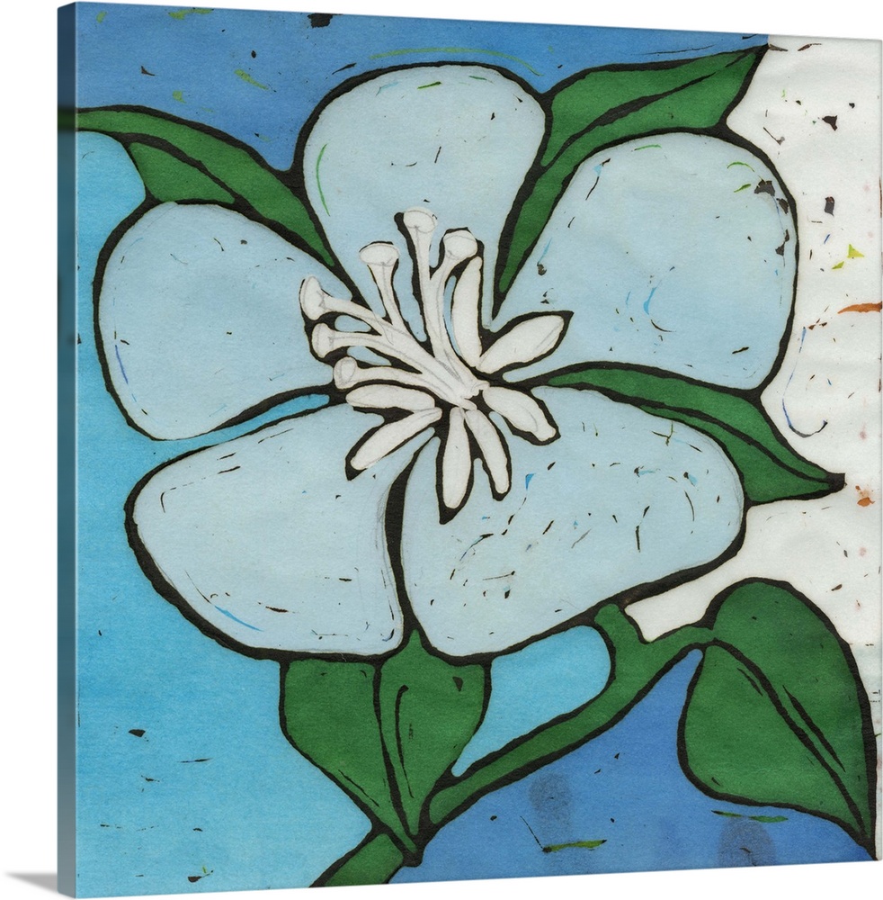 Contemporary painting of a blue and green flower against a blue and green geometric background.