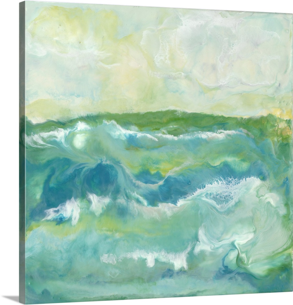 Invigorating contemporary artwork featuring flowing blue, green and yellow shades of color to create a marble effect.