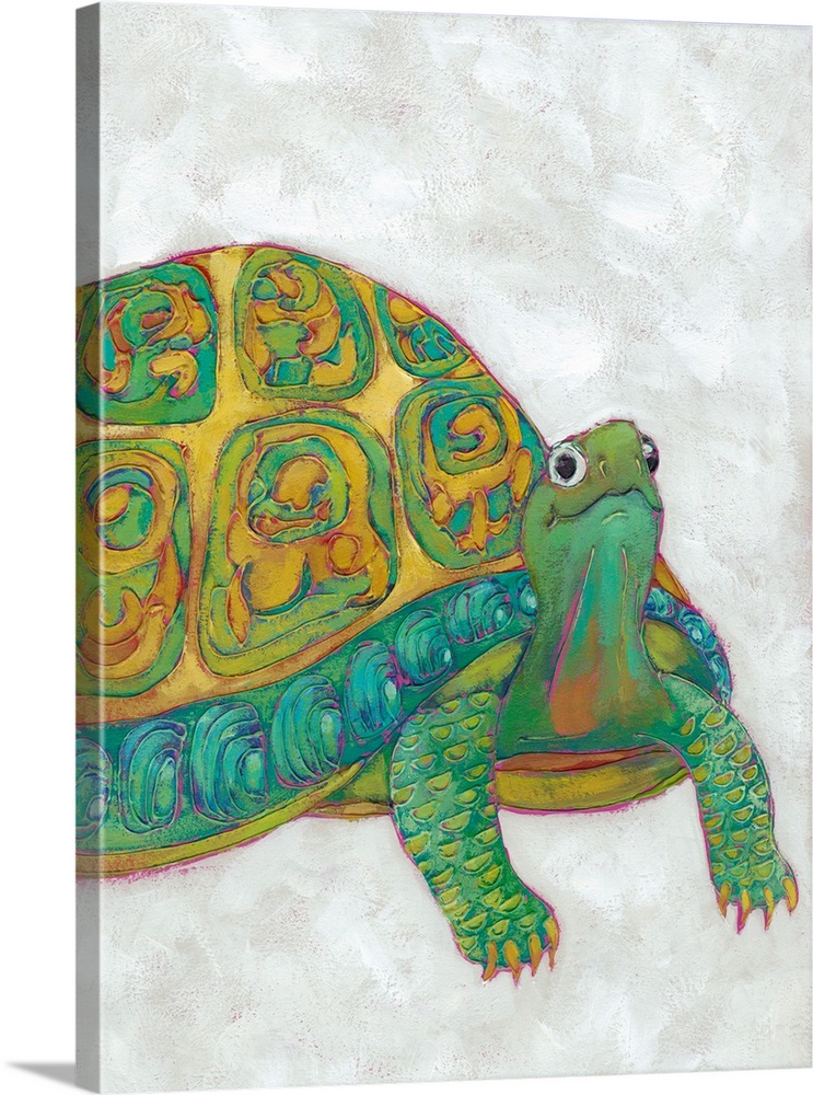 Children's illustration of a friendly turtle in shades of teal and orange.