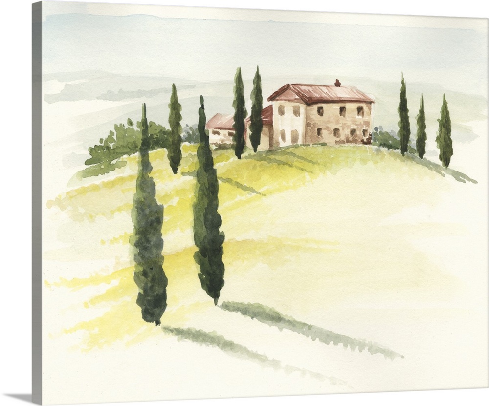 This watercolor artwork illustrates the beauty and simplicity of a Tuscan countryside with contrasting warm and cool color...