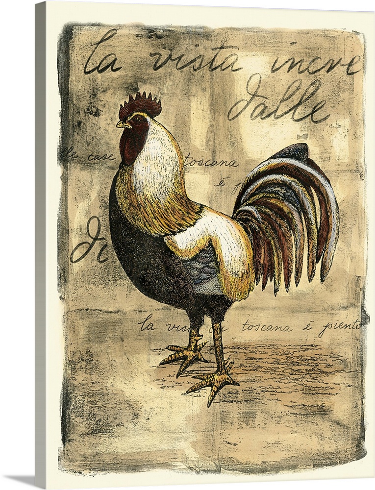 Vintage stylized illustration of a rooster against a rustic weathered background with script.