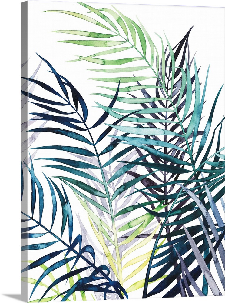 Watercolor tropical leaves in purple, blue and green flutter in the wind over a white background in this contemporary artw...