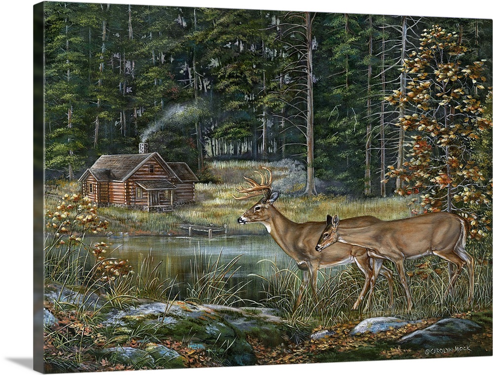 Contemporary painting of deer coming out from the forest to see a cabin.