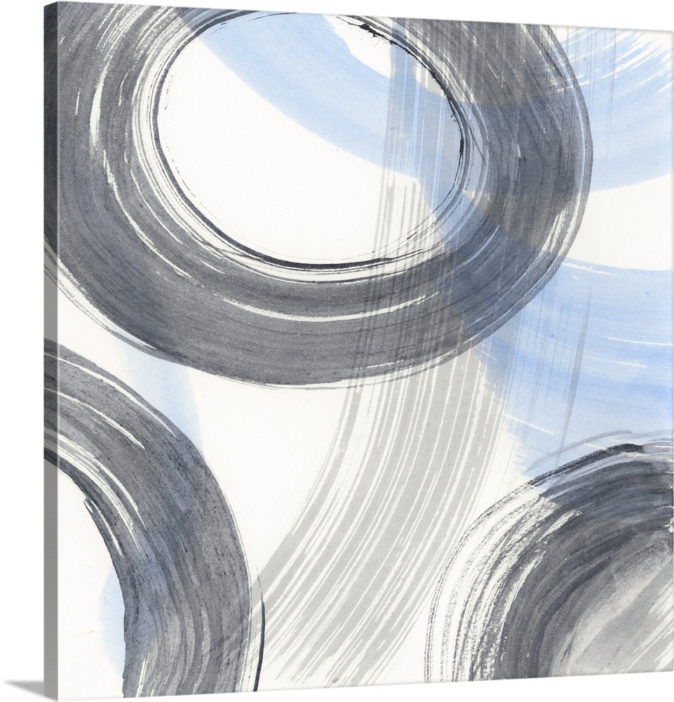 Contemporary artwork of circular rings accompanied with blue and gray brush strokes.