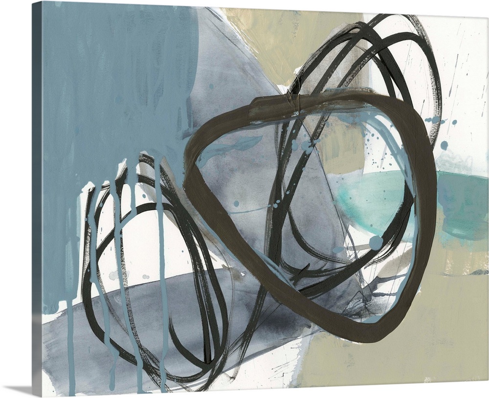 Contemporary abstract painting with black circular shapes and blocks of color in olive green and blue.