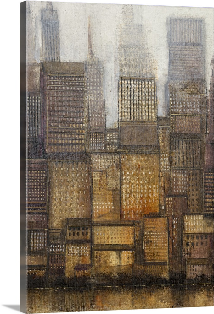 Contemporary painting of tall skyscrapers in a city.