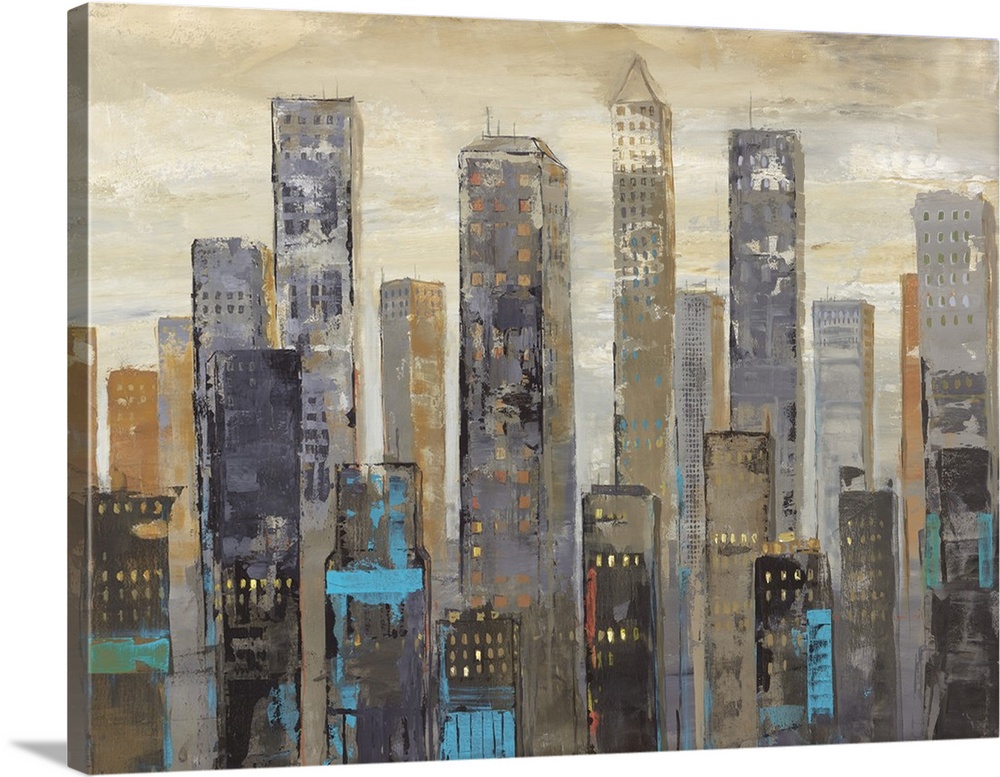 Contemporary city skyline painting in dark tones.