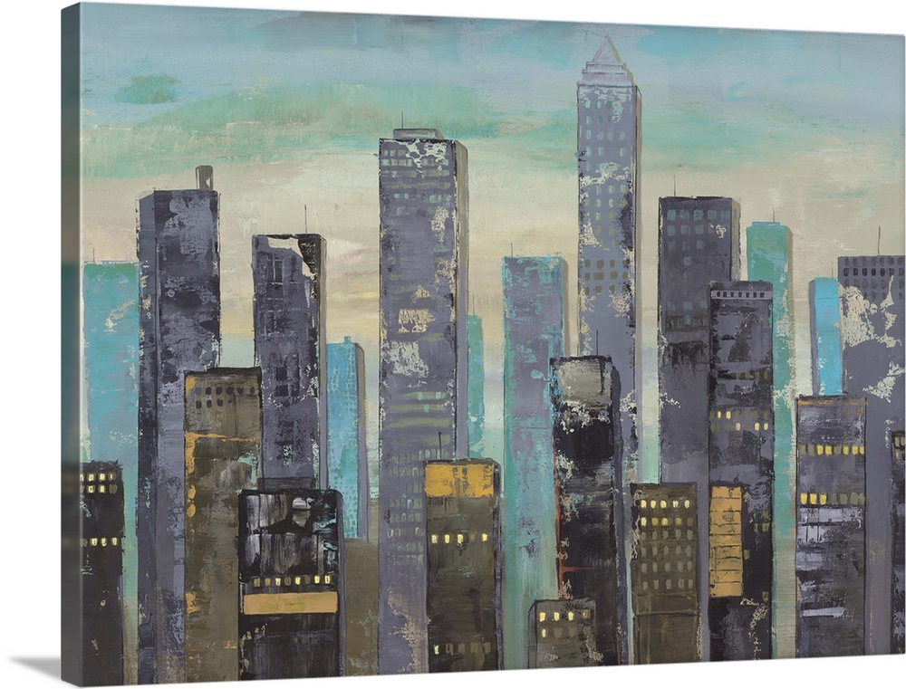 Contemporary city skyline painting in dark tones.