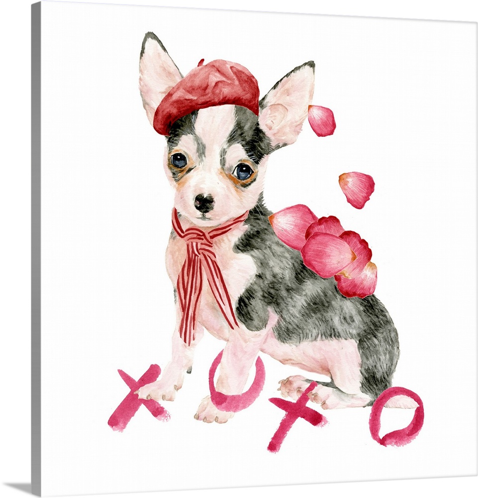 Adorable illustration of a Chihuahua puppy dressed up for Valentine's Day.