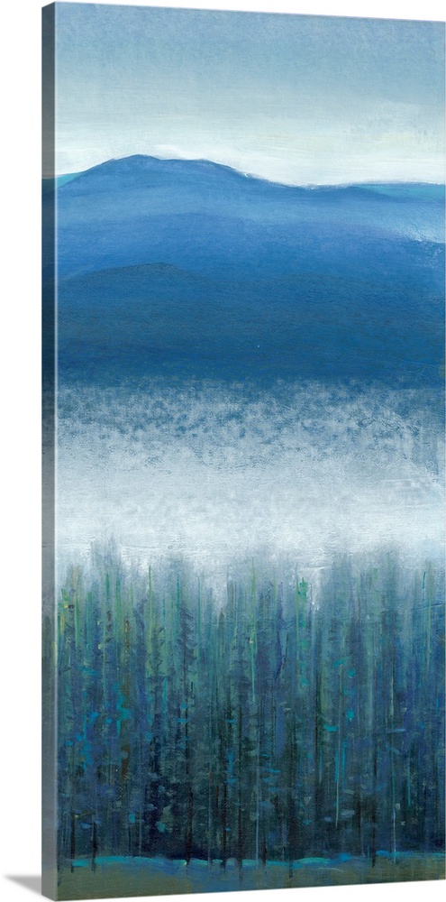 Vertical painting of a mountain valley with dense fog over pine trees.