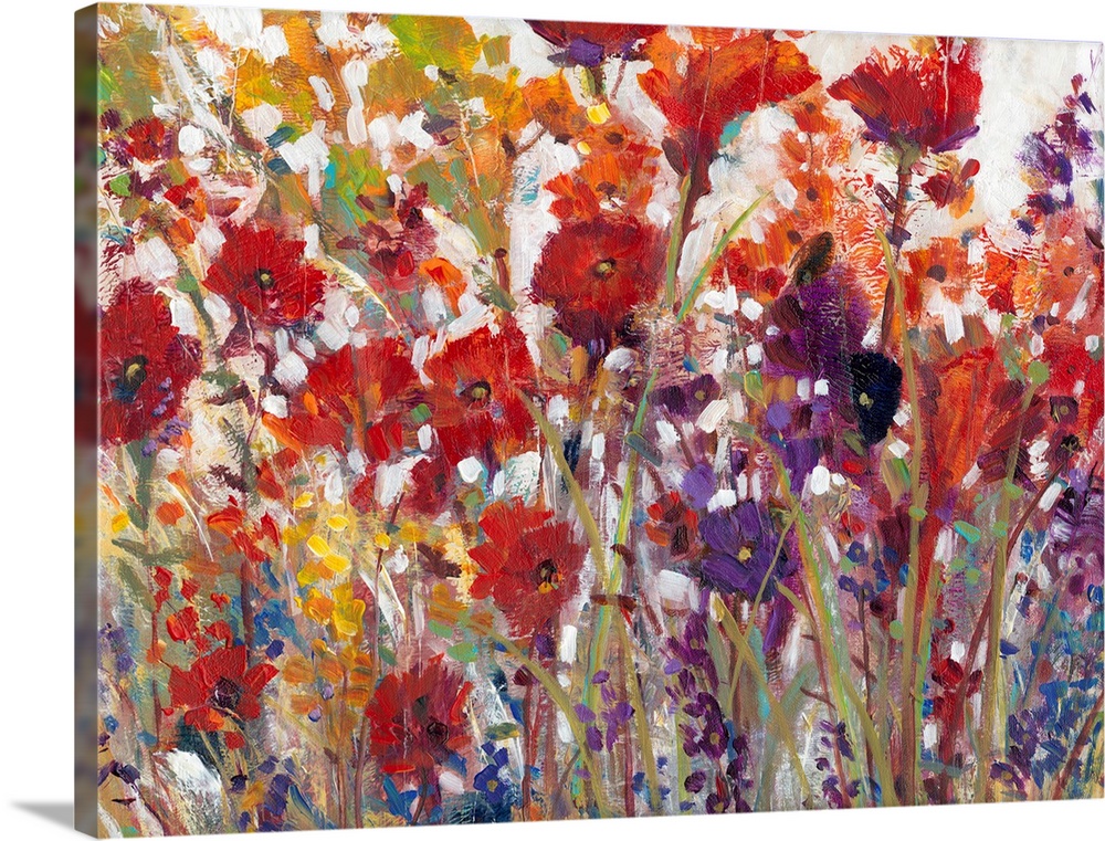 This decorative artwork features sprouting bright wildflowers made from whimsical brush strokes with a crackling texture t...