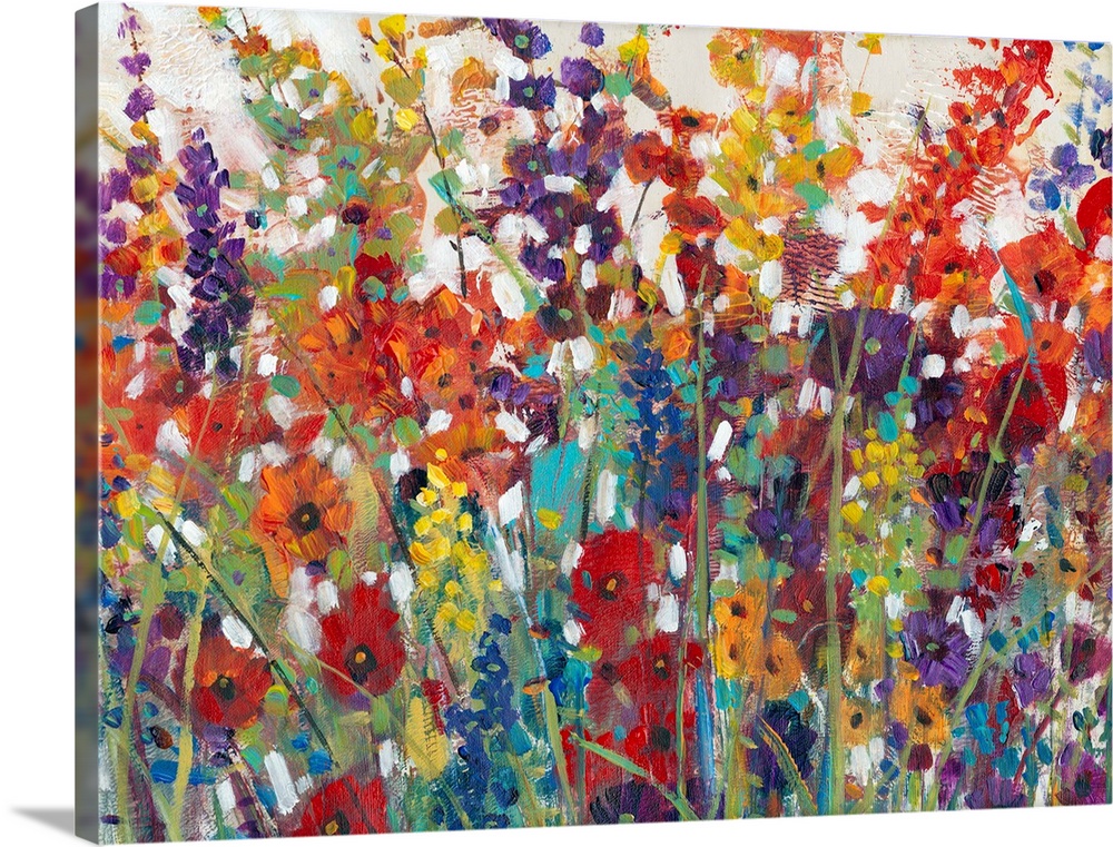 This decorative artwork features sprouting bright wildflowers made from whimsical brush strokes with a crackling texture t...