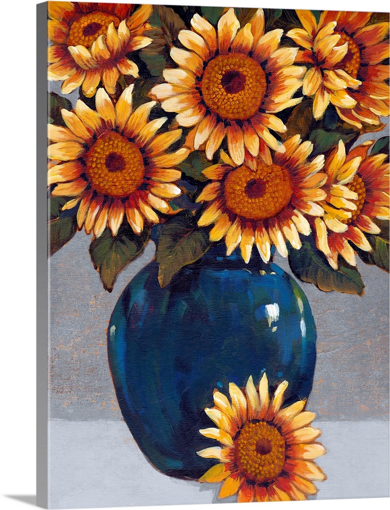 A painting of vibrant yellow sunflowers sitting in a deep blue vase against a gray background.