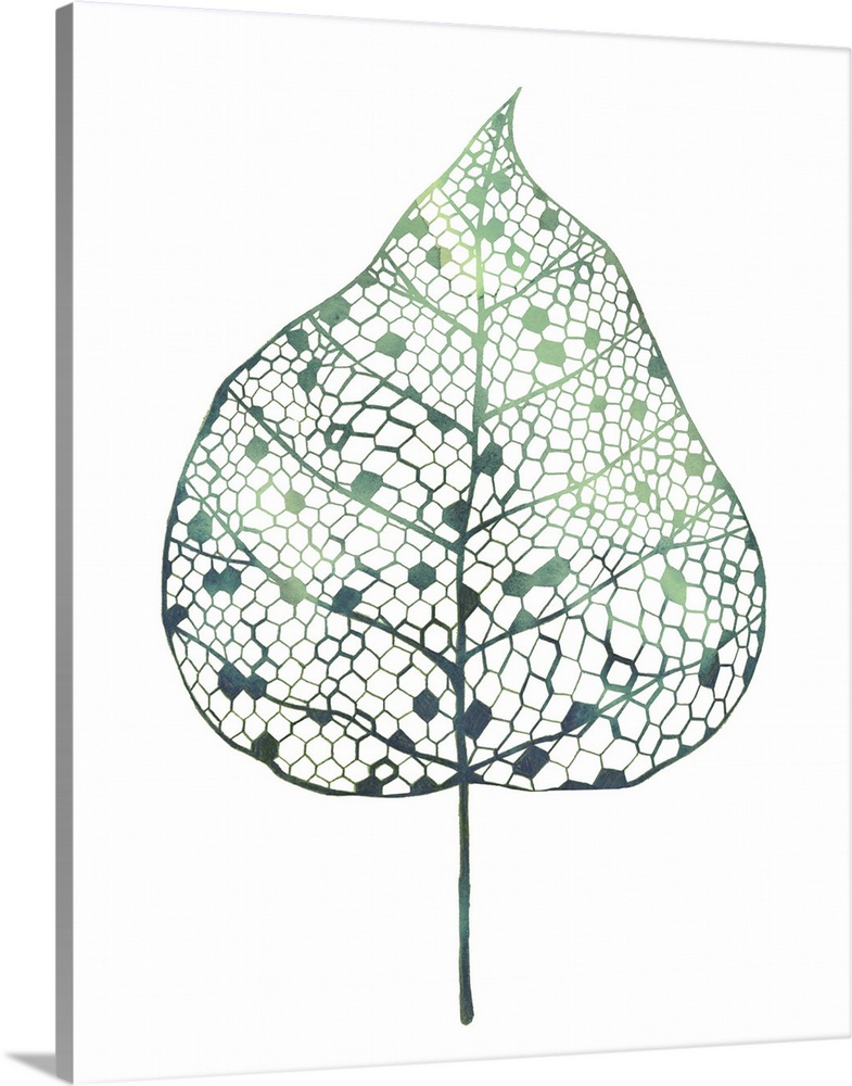Vertical contemporary artwork of a leaf made up of geometric honeycomb pockets.