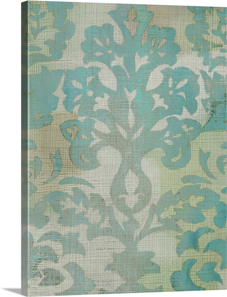 Faded and distressed looking damask pattern in teal and turquoise.