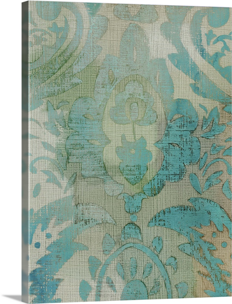Faded and distressed looking damask pattern in teal and turquoise.