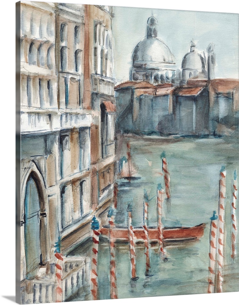 Watercolor painting of Venice, Italy, with a gondola docked in the canal.