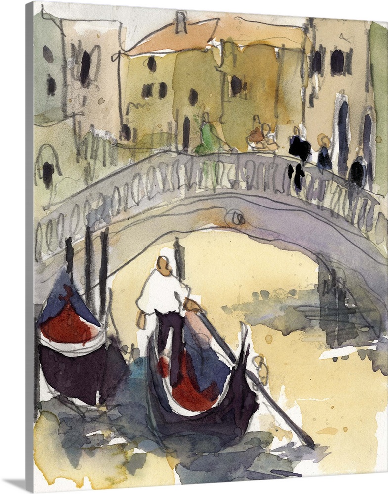 Watercolor open air painting of a bridge over the canal with gondolas in Venice, Italy.