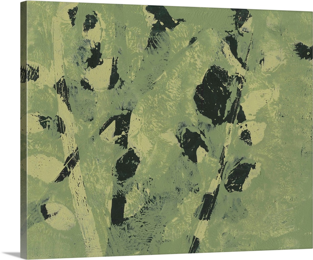 Abstract image of shapes similar to leaves on a branch in merging colors of green and black.