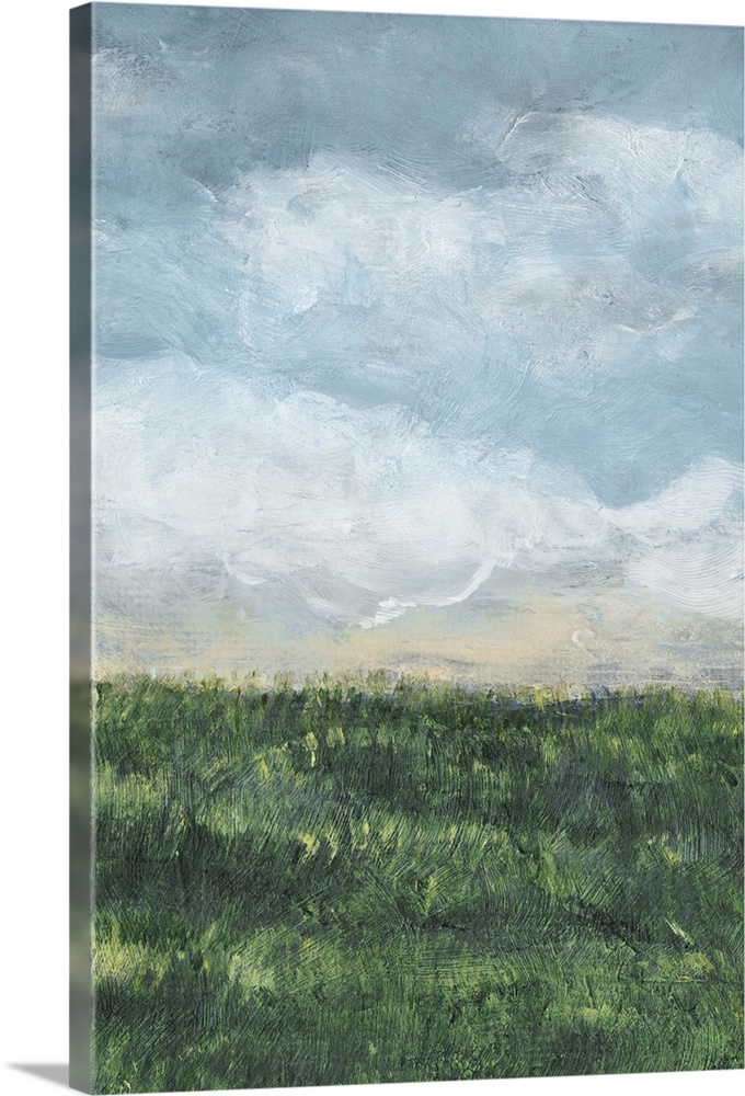 Vertical painting of a green field and cloud filled blue sky.